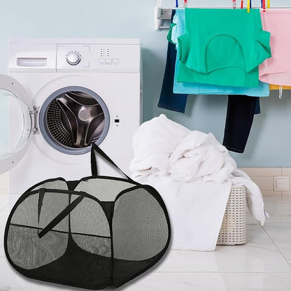 Kimmama Collapsible Mesh Laundry Basket,Foldable Pop Up Laundry Hamper with Side Pocket,Removable Clothes Storage Bin with Handle for Laundry Room,College Drom,Bathroom,Kid Room,Travel,95L,Black