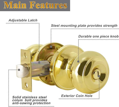 Probrico Polished Brass Privacy Door Knobs,Interior Door Knob for Bedroom and Bathroom Keyless Door Locksets, 3 Pack