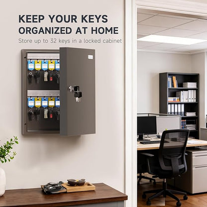 32 Key Cabinet Organizer, Lock Box, Security Storage for Valets, Hotels, Car and House Keys, Key Keeper Box - Black