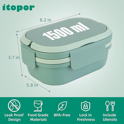 Leakproof Lunch Box, Drop-Proof Bento Box for Kids & Adults, BPA-Free Lunch Containers with Sleek Handles & Utensils, Microwave & Dishwasher Safe (Green)