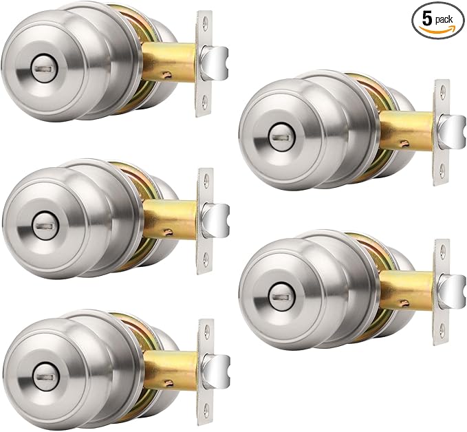 Probrico Brushed Nickel Interior Door Knobs, Privacy Door Knob for Bathroom Bedroom, Stainless Steel Door Knob with Lock for Interior Door, 5 Pack