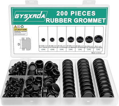 Rubber Grommet Kit 200 Pack - 7 Sizes Firewall Rubber Hole Plugs - Automotive, Home Improvement Cord Pipe Wire Organization