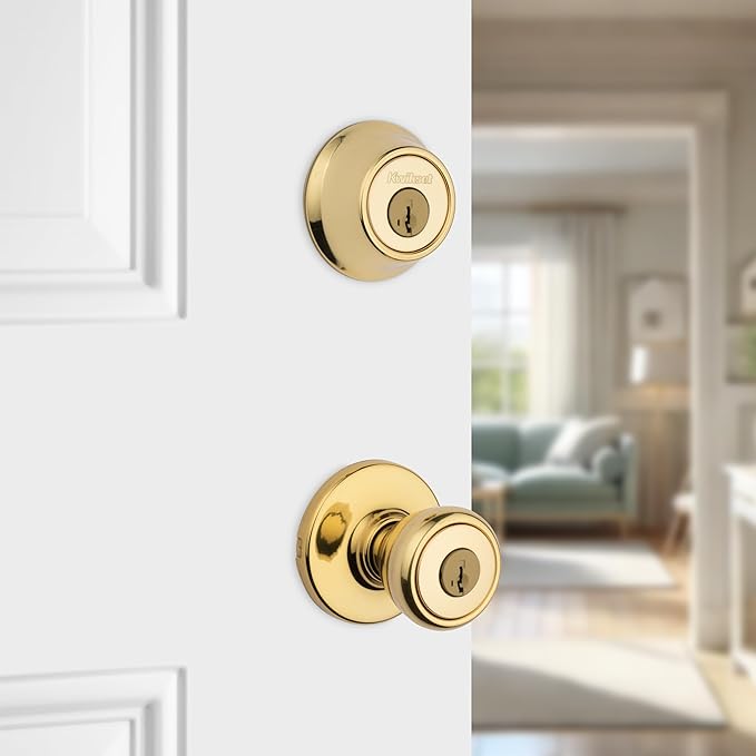 Kwikset Tylo Front Door Lock Handle and Deadbolt Set, Entry Handleset Exterior with Interior Door Knob, Polished Brass, Pick Resistant SmartKey Rekey Deadbolt Security