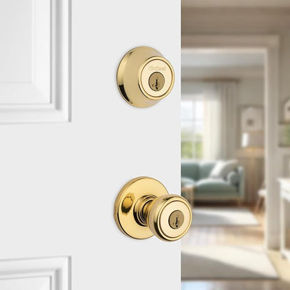 Kwikset Tylo Front Door Lock Handle and Deadbolt Set, Entry Handleset Exterior with Interior Door Knob, Polished Brass, Pick Resistant SmartKey Rekey Deadbolt Security