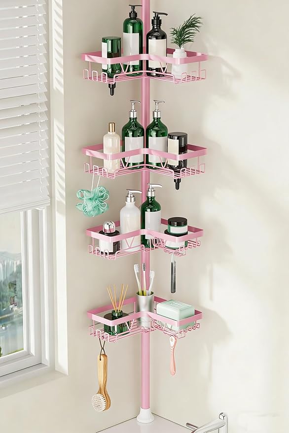 Corner Shower Caddy Tension Pole - Pink - Rustproof Adjustable Bathroom Organizer Shelf for Shampoo, 25–114.2 Inch Shower Rack for Renters, Apartments