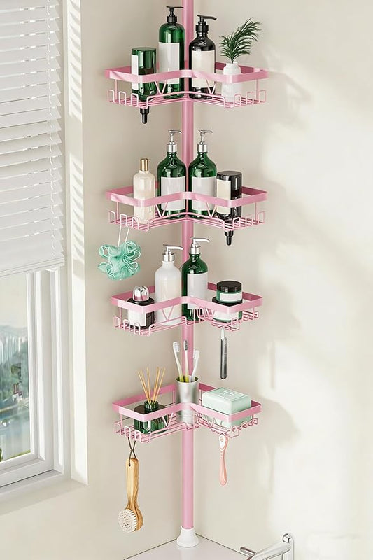 Corner Shower Caddy Tension Pole - Pink - Rustproof Adjustable Bathroom Organizer Shelf for Shampoo, 25–114.2 Inch Shower Rack for Renters, Apartments