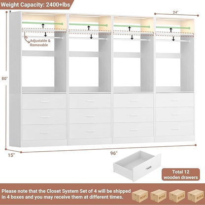 8FT Closet System with 4 Motion Sensor LED Lights, 96" Closet Systems with 12 Drawers, Closet Organizer System with 4 Hanging Rods & 4 Shelves, Heavy Duty 96 Inch Walk-in Closet, White