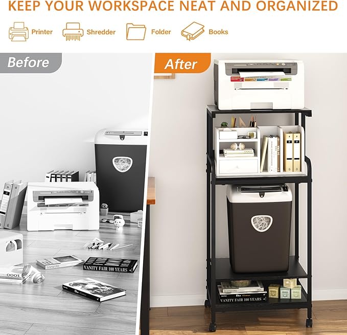4 Tier Stand with Storage Shelf, Tall Mobile Printer Table for Home Office, Adjustable Stands for Heat Press Scanner Fax (Black)