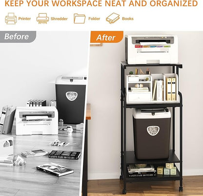 4 Tier Stand with Storage Shelf, Tall Mobile Printer Table for Home Office, Adjustable Stands for Heat Press Scanner Fax (Black)