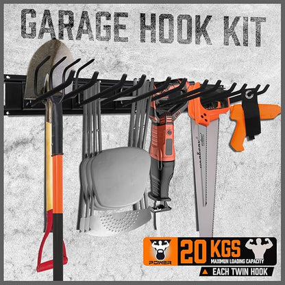 HORUSDY 64-Inch Heavy Duty Garage Organization Rack, 14 Packs Max Load 600LB, 4 Packs Rails and 9 Adjustable Hooks, Tool Organizer Rack with Heavy Double Hooks Tracks