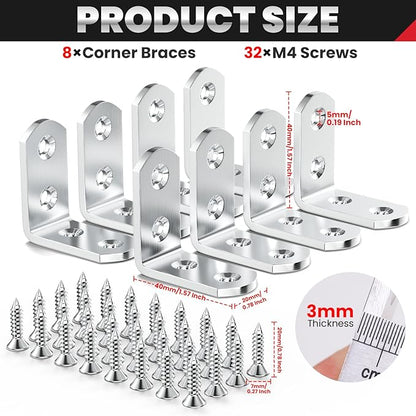 FANDAMEI 8 PCS Heavy Duty Corner Brace, 40x40mm Stainless Steel Joint Right Angle Brackets with Screws, 90 Degree Wall Brackets Hanger for Shelves, Tables, Dressers, Chairs, Silver