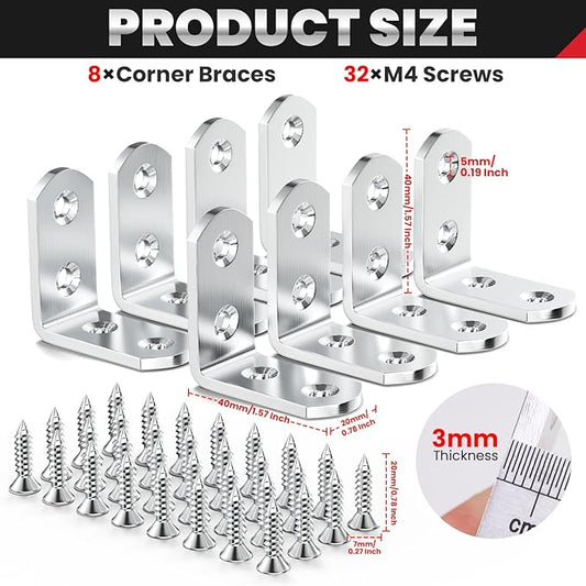 FANDAMEI 8 PCS Heavy Duty Corner Brace, 40x40mm Stainless Steel Joint Right Angle Brackets with Screws, 90 Degree Wall Brackets Hanger for Shelves, Tables, Dressers, Chairs, Silver