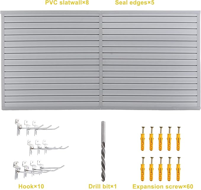 Slatwall Panel Garage Wall Organizer Storage Systems, Wall Mounted PVC Storage Rack with 10 Hooks, Interlocking Workshop Slat Wall Paneling Sheets Board Shelves Tools Organization-Grey (8’H x 4’W)