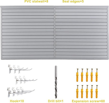 Slatwall Panel Garage Wall Organizer Storage Systems, Wall Mounted PVC Storage Rack with 10 Hooks, Interlocking Workshop Slat Wall Paneling Sheets Board Shelves Tools Organization-Grey (8’H x 4’W)