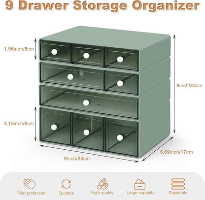 Desk Organizer with 9 Drawers, 4 Tier Plastic Stackable Storage Drawers for Desk Storage, Office Stationary Makeup Organizer Suit for Home, Office and School