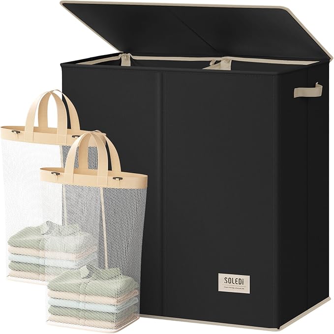 SOLEDI Large Double Laundry Hamper with Lid,165L Collapsible Clothes Hamper 2 section with Removable Bags, Space-Saving Laundry Basket for Bedroom, Dorm, College