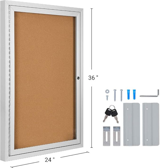 INNOVART Enclosed Bulletin Board 36”x24”, Lockable Cork Noticeboard with Aluminum Frame, Outdoor Enclosed Bulletin Board Weatherproof, Wall Display Case with Swing-Open Door Information Cabinet