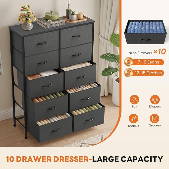 Sweetcrispy 10 Drawer Fabric Dresser Storage Tower with Bins, Tall Chest Organizer for Bedroom Closet Hallway, Steel Frame Wood Top Easy Pull Handles,Dark Gray