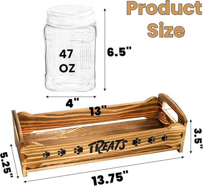 Dog Treats Container with 3 Plastic Jars, Dog Food Storage Canister with Wooden Stand, Airtight Pet Treat Holder for Dogs and Cats, Dog Snacks Treat Organizer with Scoop for Kitchen Counter