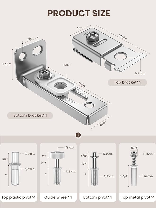 Bifold Door Hardware Repair Kit - 4 Pack Bi-fold Closet Barn Door Hardware Kit for 7/8" to 1" Track, Folding Pocket Door Replacement Parts Set Include Top Bottom Pivots Bracket and Guide Wheel (4Pack)