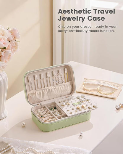 Lolalet Travel Jewelry Case for Women Girls, Travel Jewelry Organizer with Clear Storage Bag Small Portable Jewelry Box for Necklace Bracelet Earring Ring Birthday Bridesmaid Gifts -Medium/Green