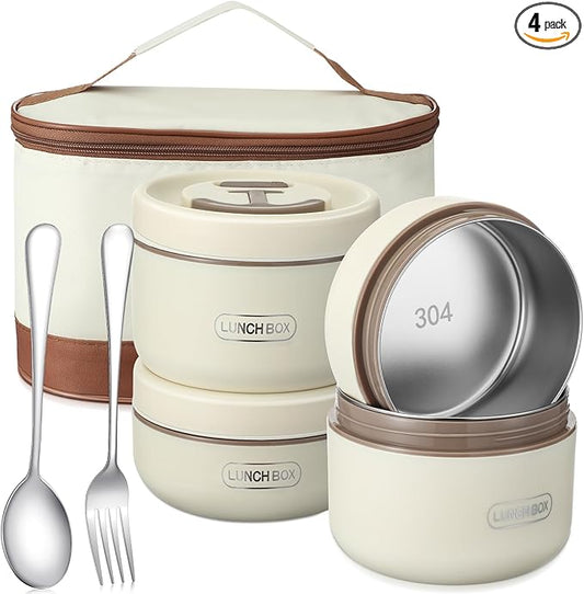 Dandat 4 Pcs Insulated Bento Box Portable Stainless Steel Food Container Round Stackable Leakproof Thermal Food Container for Adult Men Women with Insulated Bag, 74 oz(Beige)