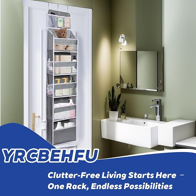 Over The Door Organizer 6 Tier with 12 Pockets & Reinforced Hooks - 59" Hanging Storage Organizer for Bathroom, Nursery, Pantry & Laundry (Light Grey)
