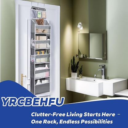 Over The Door Organizer 6 Tier with 12 Pockets & Reinforced Hooks - 59" Hanging Storage Organizer for Bathroom, Nursery, Pantry & Laundry (Light Grey)