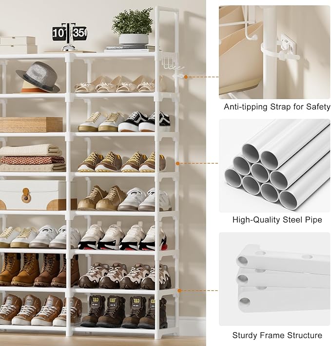WOWLIVE Extra Large Shoe Rack, 4 Rows 8 Tier 56-64 Pairs Big Tall Metal Shoe Organizer, Stackable, Large Capacity Boot Rack Storage Organizer for Entryway, Closet, Garage, White