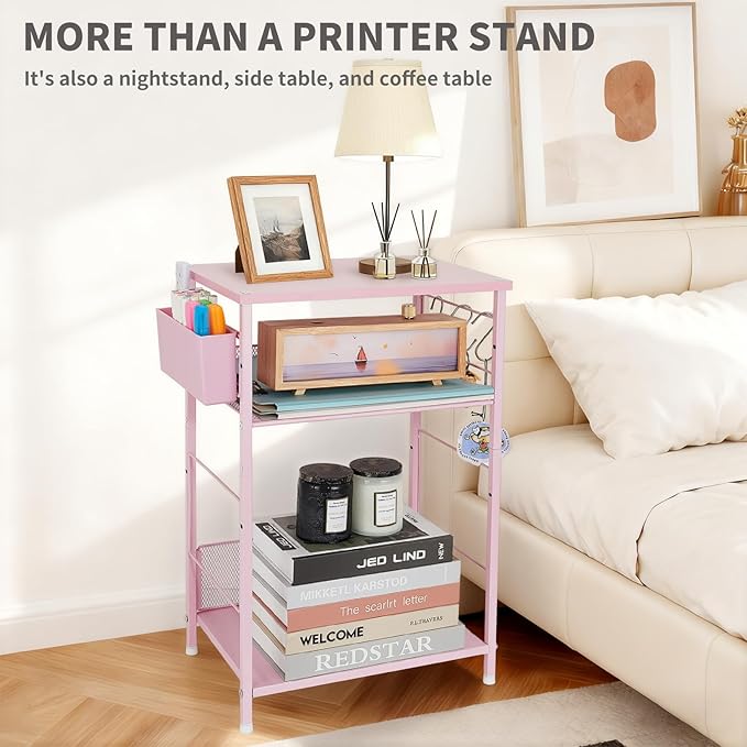 Small Under Desk Storage, Pink Printer Stand with Storage Shelf, 3-Tier Height Adjustable Printer Table with Basket & 3 Hooks for Home Office Fax Machine Scanner Files