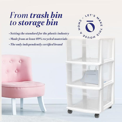 HOMZ Drawer Tower, 3-Tier Rolling Storage Cart with Removable Wheels, White Frame – Plastic Organizer with Clear Bin Drawers for Bedroom, Bathroom, Home Office, and Dorm Room