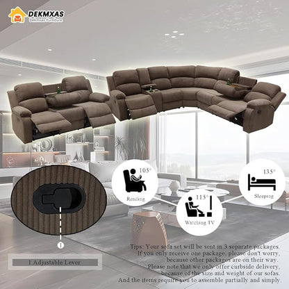 4PCS Brown Reclining Sectional Sofa Set with Storage Console, Living Room Furniture Sets, Corduroy Reclining Sofa with 4 Recliner Seats, Drop-Down Table, Cup Holders for Living Room, Bedroom