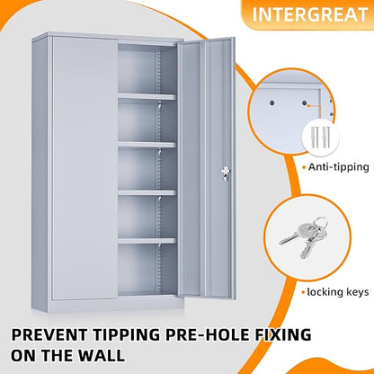 INTERGREAT Metal Storage Cabinet with Doors, 72" Locking Steel Storage Cabinet with Shelves, Tall Metal Cabinet Lockable Steel Cabinets for Home Office, Garage,(Cement)