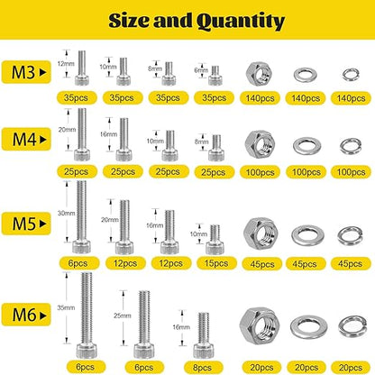 1220PCS M3 M4 M5 M6 Metric Screws Assortment Kit,Hex Socket Head Cap Bolts Nuts and Washers Assorted Kit,304 Stainless Steel Hardware Set for DIY, 3D Printer