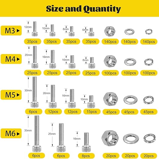 1220PCS M3 M4 M5 M6 Metric Screws Assortment Kit,Hex Socket Head Cap Bolts Nuts and Washers Assorted Kit,304 Stainless Steel Hardware Set for DIY, 3D Printer