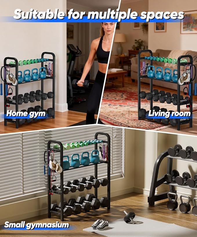 Adjustable Dumbbell Rack, Weight Storage Stand Holder for Dumbbells & Kettlebells, Heavy-Duty Home Gym Organizer with 6 Hook for Home Gym Equipment Accessories (Rack Only)
