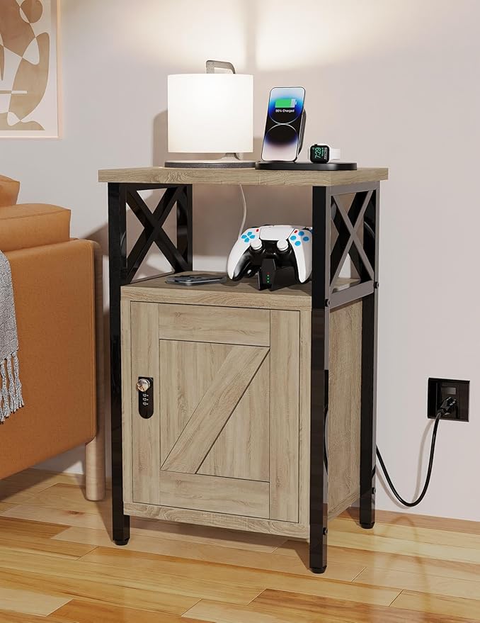 Wooden Nightstand with Lock, Bed Side Table with Drawers, Bedside Table with Charging Station, 3 USB & 2 Outlets, Night Stand with Cabinet, End Tables for Bedroom, Greige