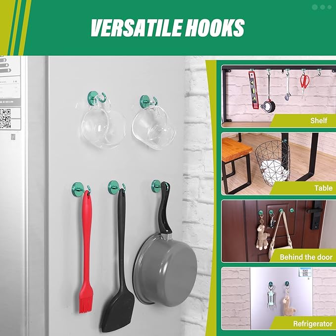 Neosmuk Magnetic Hooks, Heavy Duty 130lb+ Strong Magnet Hook for Cruise Cabins, Cruise Ship Essentials for Hanging, Metal Wall Refrigerator Hangers (Green, 10 Pack)