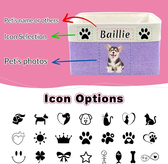 Personalized Dog Toy Basket with Name Photo Custom Dog Food Storage Bins Collapsible Organizer for Toys Dolls Clothing-Brown