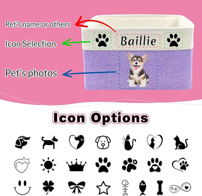 Personalized Dog Toy Basket with Name Photo Custom Dog Food Storage Bins Collapsible Organizer for Toys Dolls Clothing-Pink