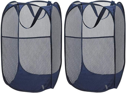 Larpur Popup Mesh Laundry Basket, Collapsible and Portable Clothes Washing Laundry Hamper with Reinforced Carry Handle (Blue*2)