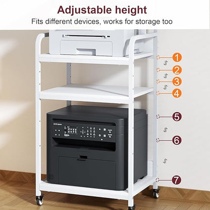 4-Tier White Printer Stand with Wheels, Extra Large Tall Printer Table with Storage Shelf, 4 Tier Printer Cart, Home Printer Stands (White)
