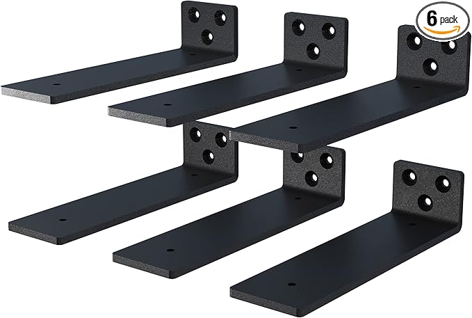 6-Pack 12 Inch Floating Shelf Brackets, Heavy Duty Hidden Shelves Bracket for Kitchen, Nursery, Black Powder Coated Steel