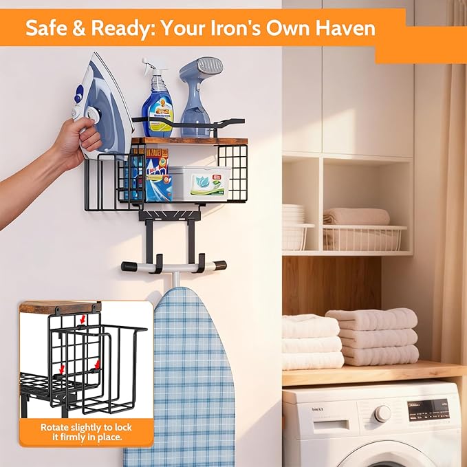 Ironing Board Hanger Wall Mount, 2-Layer T&Y Iron Board Holder with Ironing Caddy, Metal Ironing Board Holder Storage Organizer, Floating Wood Shelf for Laundry Room Decor Accessories Organization