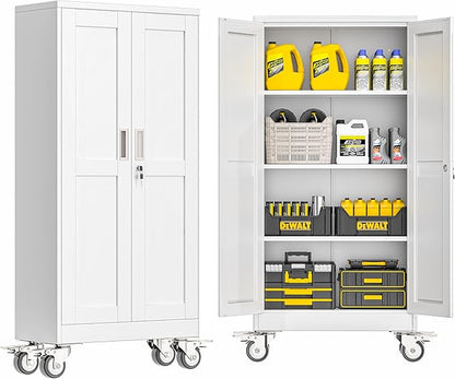Metal Garage Storage Cabinet with Lock, 61” Tall Lockable File Cabinet with Wheels, Steel Tool Cabinet with 2 Door and 3 Adjustable Shelves, Rolling Cabinet for Home Office Garage Gym - White