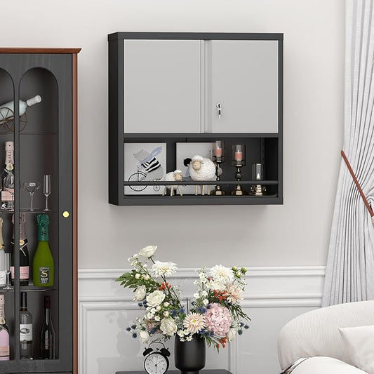 Metal Cabinet Wall Mounted, Garage Storage Cabinets with 2 Door & Adjustable Shelves, Steel Floating Hanging Storage Cabinet, Metal Storage Cabinet for Bathroom, Office, Warehouse