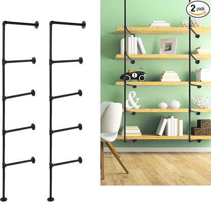 2pcs Wall Mount Iron Pipe Shelf, 5-Tier 66.1x11.8 Inch Industrial Wall Shelves Ceiling Hung Storage Shelf Black Pipe Shelving Brackets No Plank DIY Open Bookshelf for Office Room Kitchen