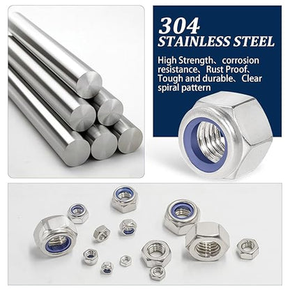 Metric Hex Nuts&Locknuts Assortment Kit(360Pcs)，M3 M4 M5 M6 M8 M10 M12 Stainless Steel Assorted Hex Nuts Sets,Bright Finish