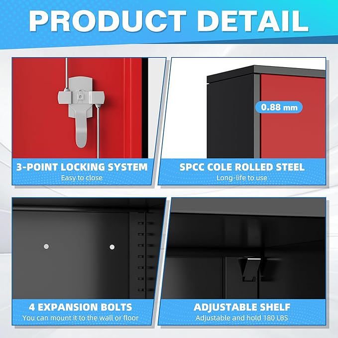 Bonusall Tool Garage Cabinet with Lock, 2 Doors Metal Storage Cabinets with 4 Adjustable Shelves, Lockable Steel Cabinet for Home Office, Warehouse，School(Black Red)