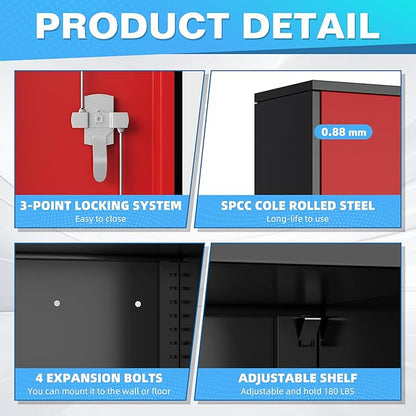 Bonusall Tool Garage Cabinet with Lock, 2 Doors Metal Storage Cabinets with 4 Adjustable Shelves, Lockable Steel Cabinet for Home Office, Warehouse，School(Black Red)